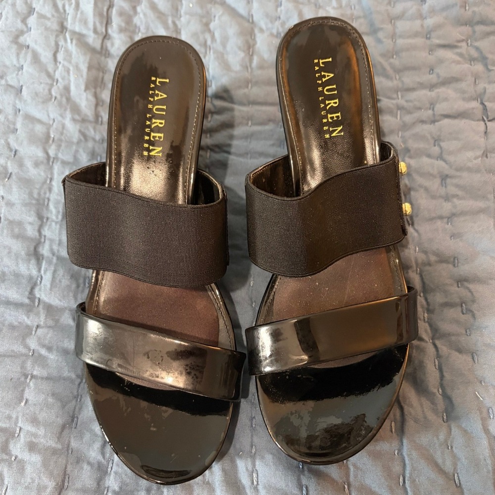 Lauren Ralph Lauren Rhianna Black Patent Elastic Wedge Sandals Gold RL Slides 8B